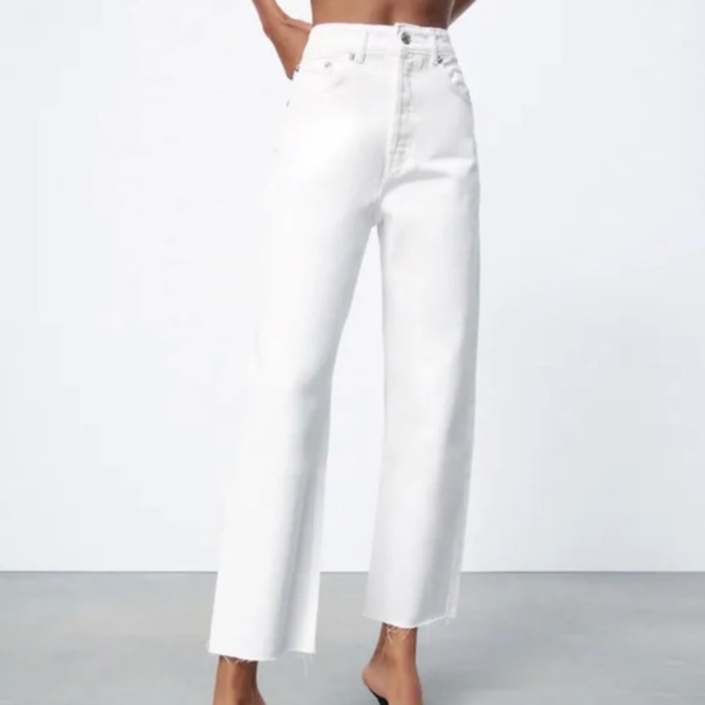 Zara White Cropped Straight-Leg Jeans